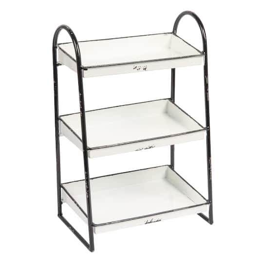 Distressed White 3-Tier Metal Tray with Black Frame